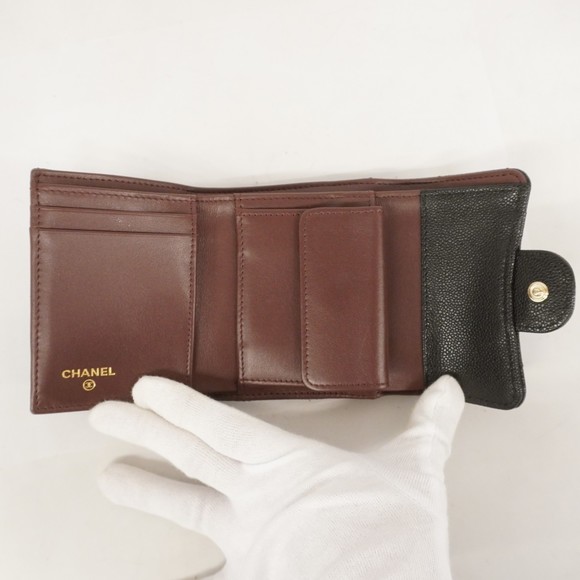 CHANEL Tri-fold Wallet Matelasse Caviar Skin Black Champagne - Picture 3 of 9